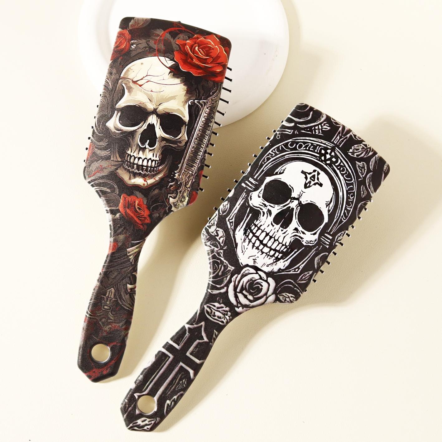 Skull and Flower Pattern Paddle Comb, Massage Exfoliating Brush, Durable Abs Plastic Handle, Suitable for All Hairstyles