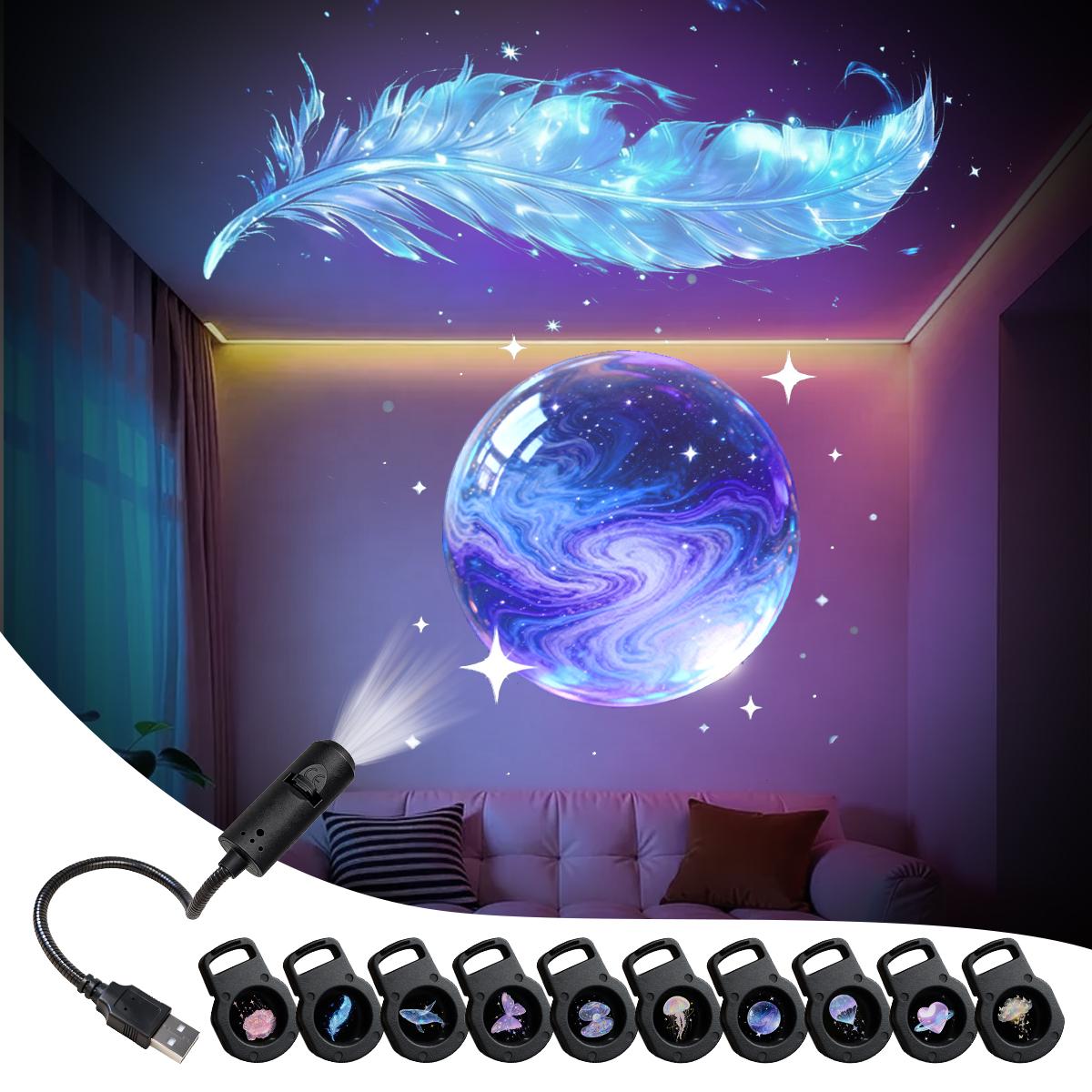 USB LED Projector Light, Aurora Projector Lamp with 3/6/10pcs Patterns, LED Dream Projector Lamp Rose, Whale, Butterfly, Cloud Projection - USB Projector Night Light for Wall/Ceiling Decoration, Bedside Night Light, Birthday Gift