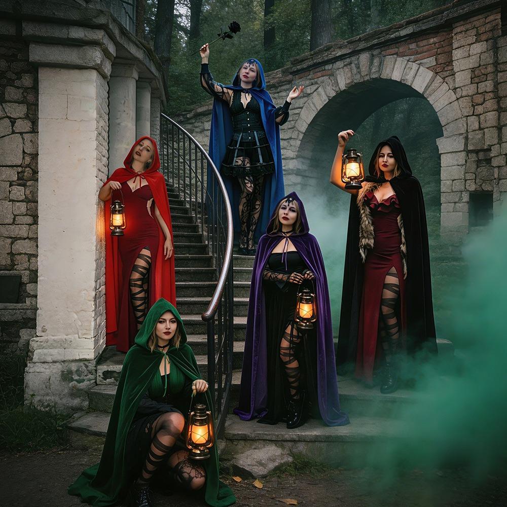 Gothic Velvet Cape, Seamless Full Length Hooded Witch Cloak for Adults Teens, Lightweight Reaper Theme Cosplay Cape for Halloween Party & Events