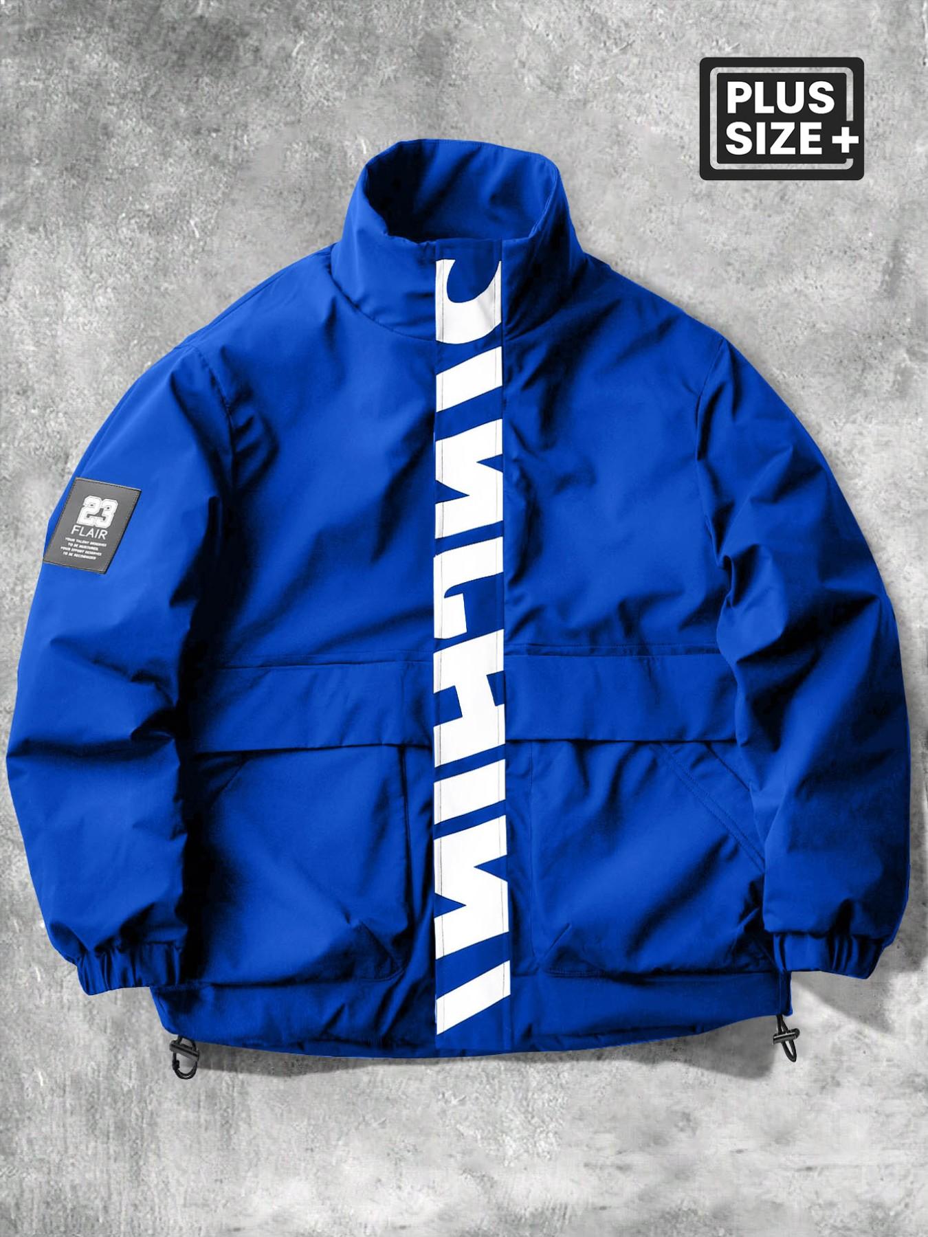 Men's Plus Size Windproof Zipper Jacket, Smooth Durable Fabric, Loose Fit Stand Collar Workwear, Letter Print Design, Retro Sport Style