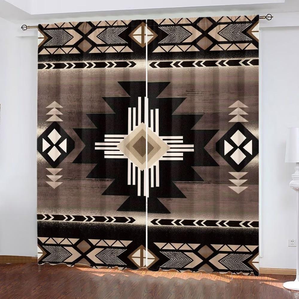 2 pieces of American tribal art geometric pattern printed curtains, made of polyester with semi-transparent texture, machine washable, suitable for bedrooms, living rooms and home decoration curtains