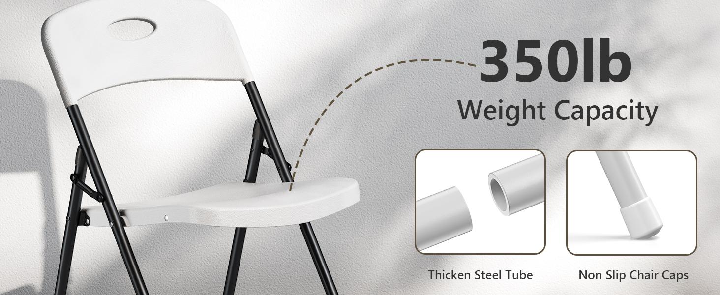 Heavy-Duty Plastic Folding Chair, Ergonomic Back, Outdoor White Folding Chairs for Outside Indoor, Portable 350 lbs Capacity Heavy Duty Plastic Metal Foldable Chairs, Stackable & Portable, for Home, Party, Indoor & Outdoor Use