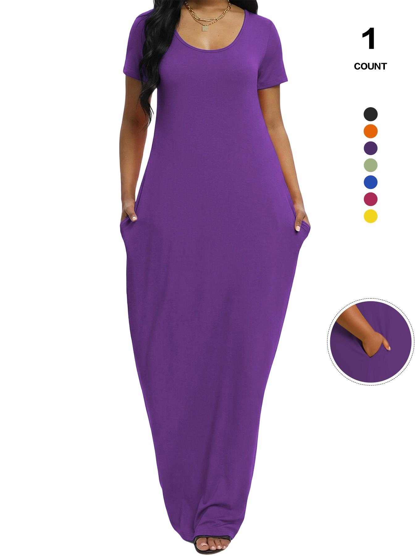 Plus Size Women's Solid Color Dress, Sexy Round Neck Short-Sleeved Long Dress, European and American Summer New Arrival, Casual Style