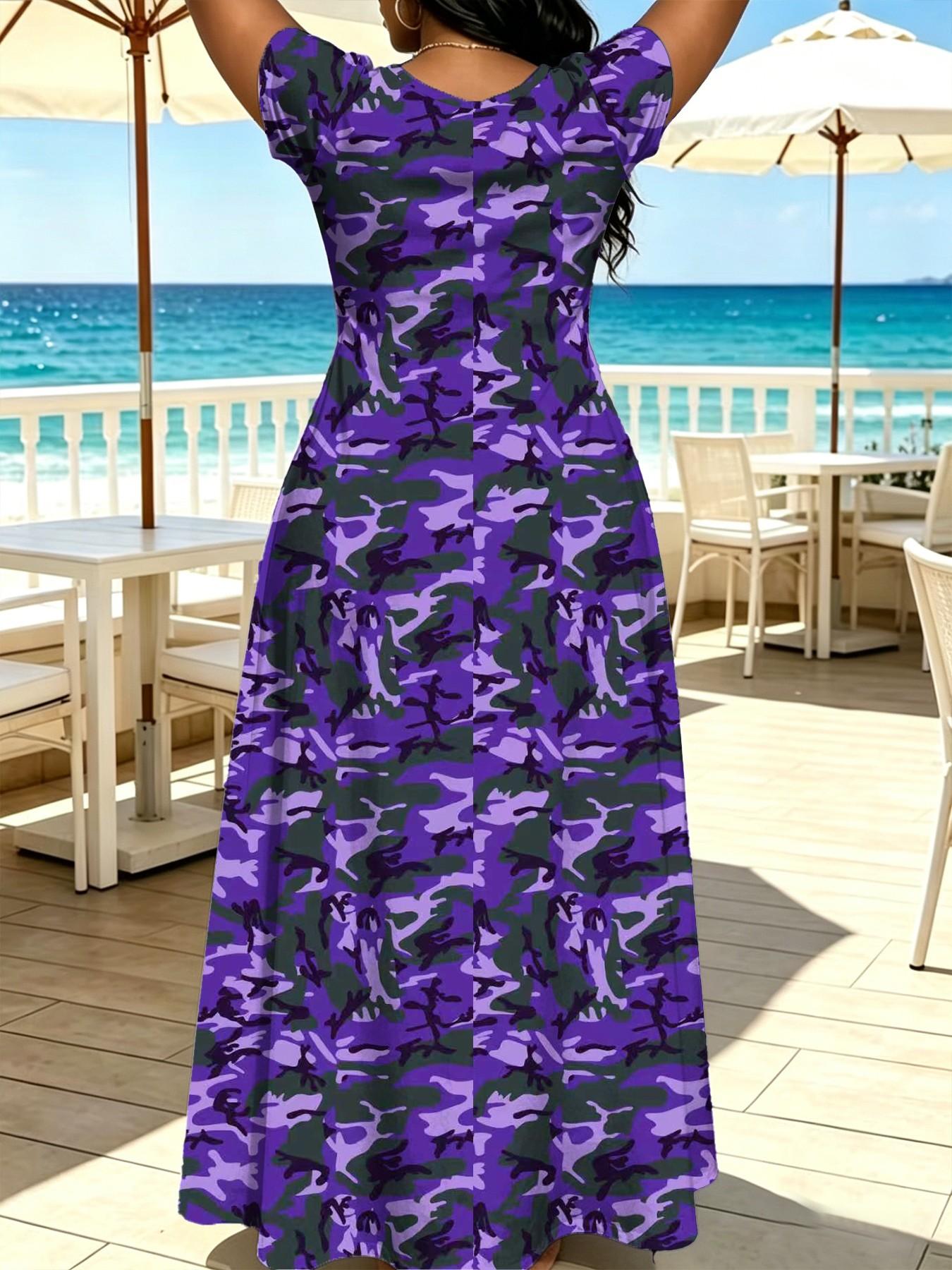 Plus Size Women's Summer Vintage Camouflage Letter Print Dress, Womenswear, Loose Fit Round Neck Long Skirt with Pockets, Casual Daily Wear