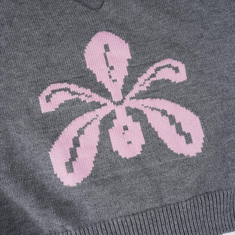 Autumn Winter New Fashion Casual Vintage Floral Jacquard Knitting Slim Fit Long Sleeve Sweater V Neck Y2K Aesthetic Pullover Knitwear Womenswear