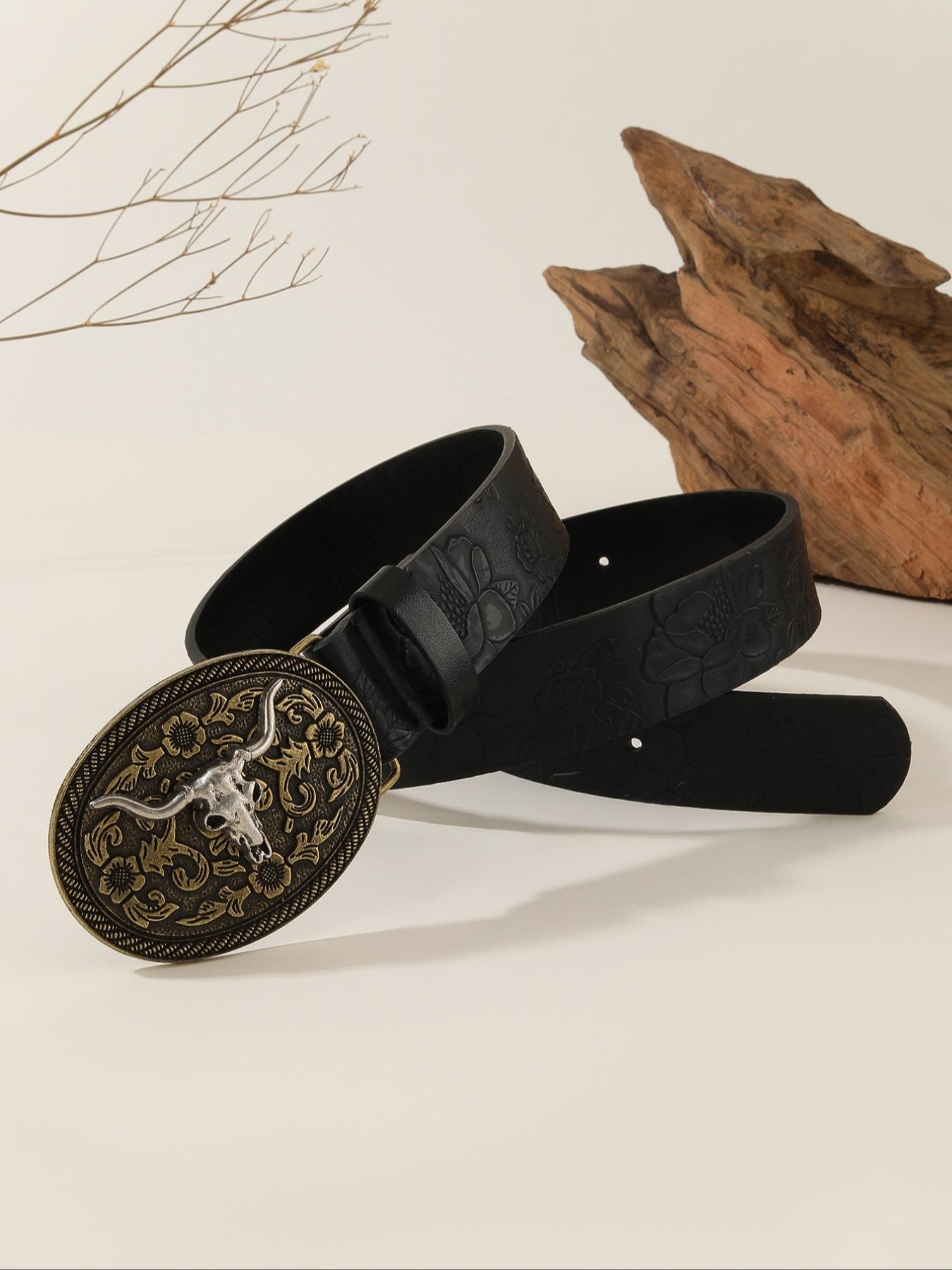Vintage Flowers Embossed Western Belt with Cow Decor Buckle, Western Belt Buckles, Fashion All-match Cowboy Waistband for Jeans, Trendy Accessories for Daily Life