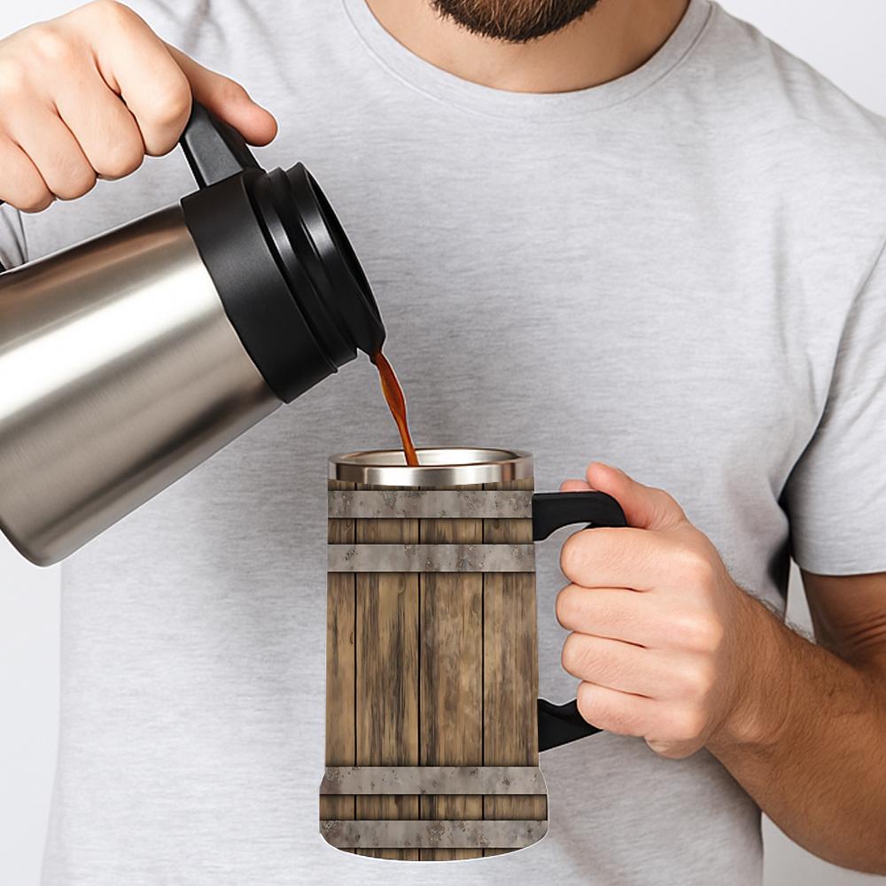 1pc 24oz Barrel Texture Stainless Steel Beer Mug With Big Handle, Vintage Rustic Wood Barrel Print Double Wall Insulated Travel Coffee Beer Cup, Leakproof Large Capacity Water Tumbler For Bar Pub Camping, Retro Western Gift For Men Beer Lovers