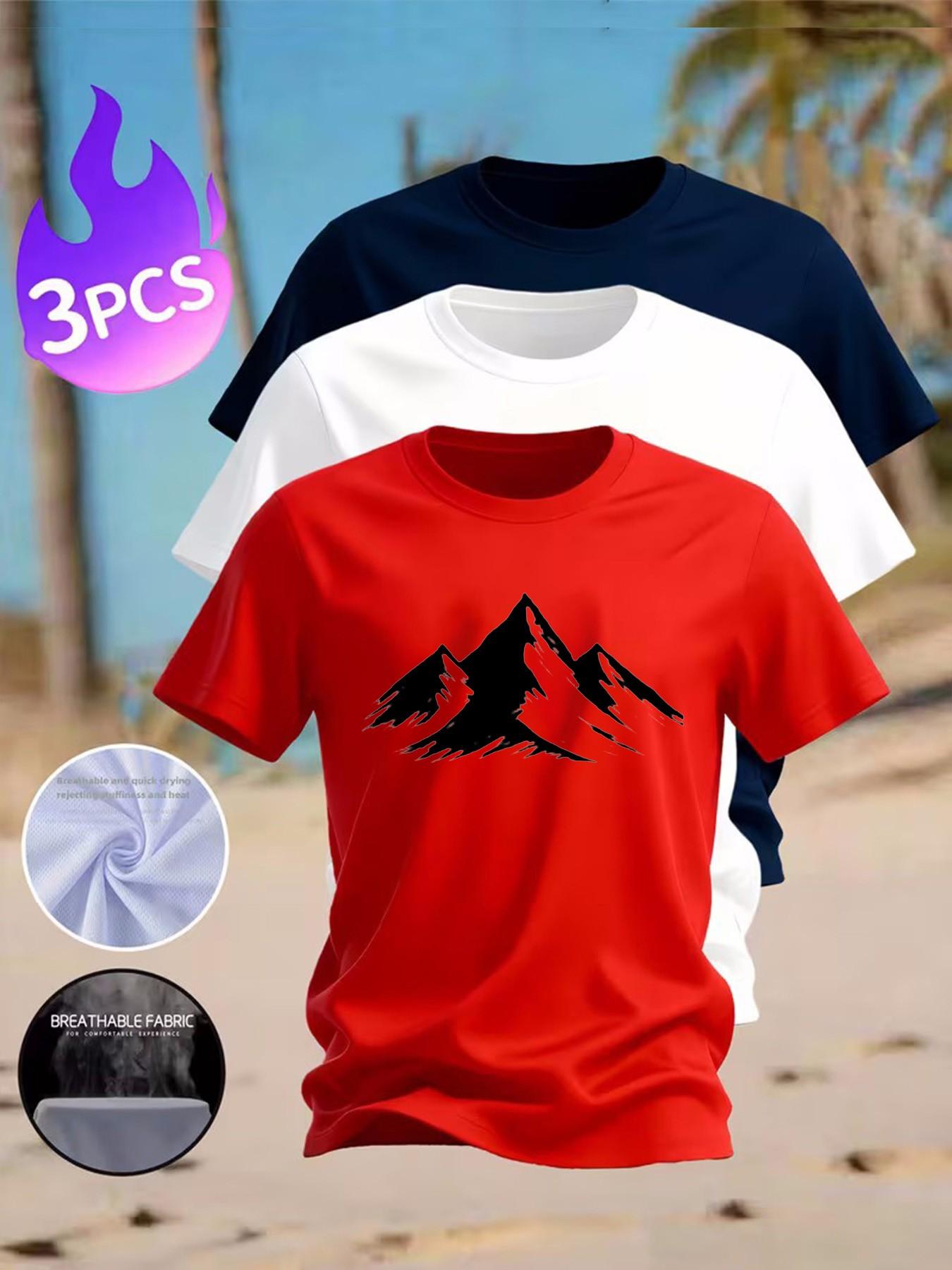 3-Pack Men's Mountain Print T-Shirts, Casual Crew Neck Short Sleeve Tees, Breathable Quick-Dry Summer Tops for Outdoor Hiking