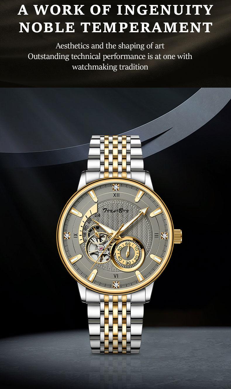 TINAIBIN Men's Diamond Business Formal Pointer Automatic Mechanical Watch Stainless Steel Waterproof Luminous Two-color Luxury Casual Watch