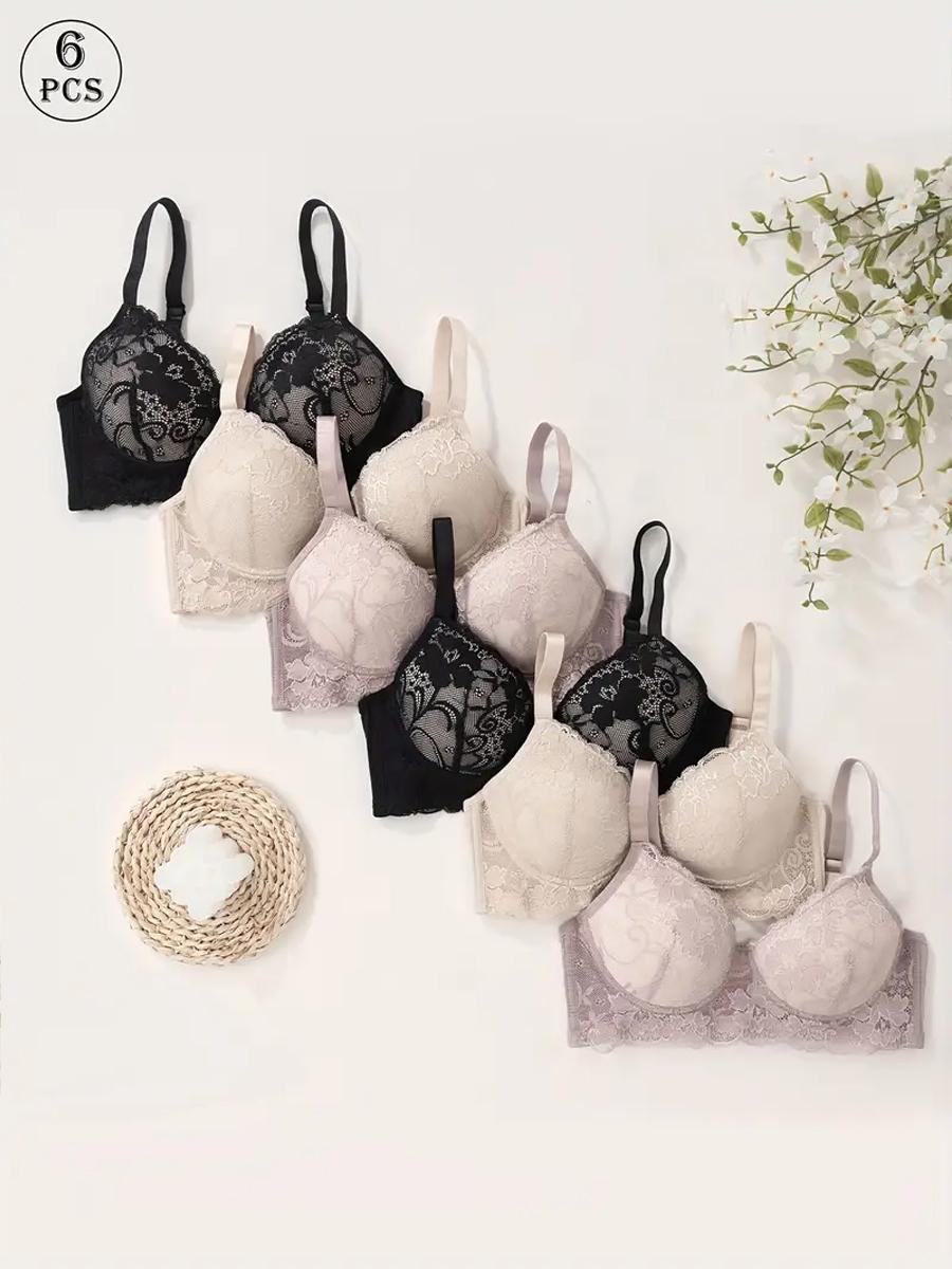6pcs Elegant Women'S Lace Bra Set - Comfortable & Breathable, Non-Removable Padding, Underwire Design, Available in Multiple Colors, Perfect for Daily & Sportswear, Daily Comfort Bra|Elegant Lace Bra|Breathable Fabric