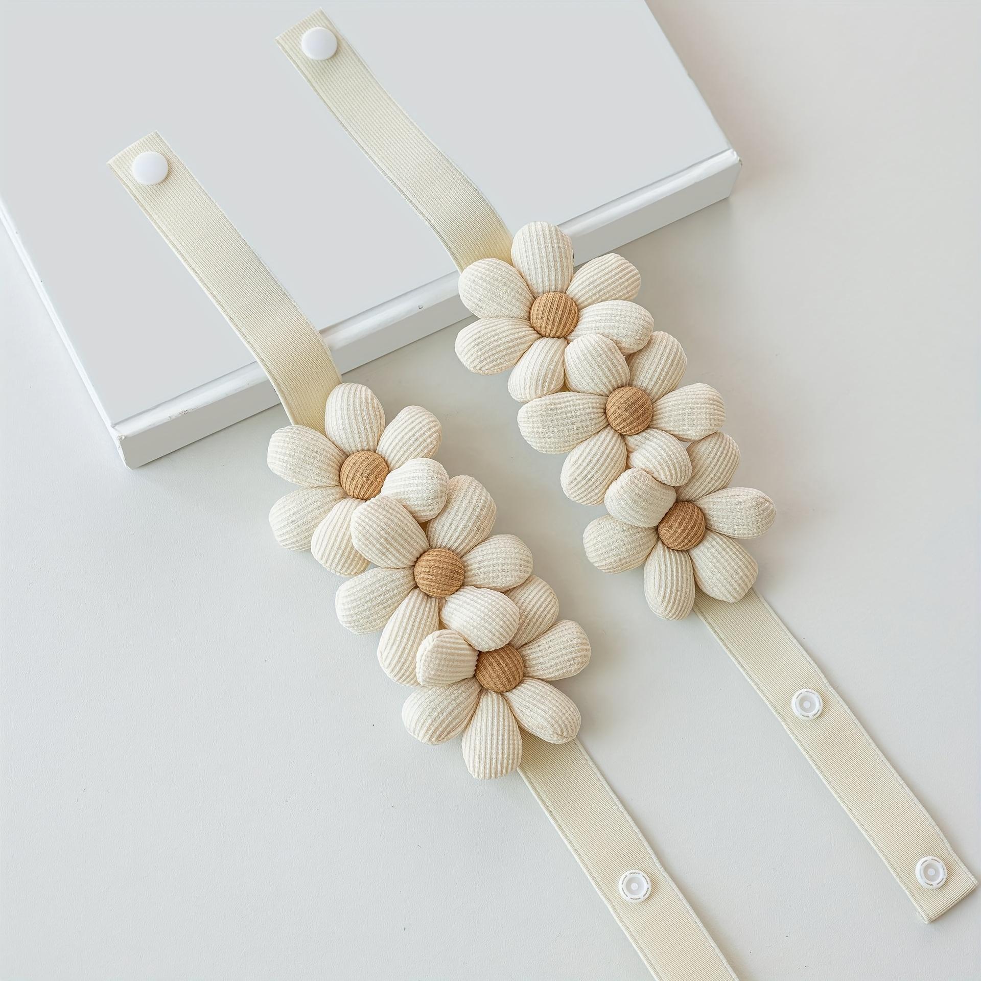 Boho Elastic Curtain Tiebacks with Daisy Floral, Ivory Cream Curtain Holdbacks with Invisible Buckle, Easy Install Decorative Home Accessories for Bedroom Living Room