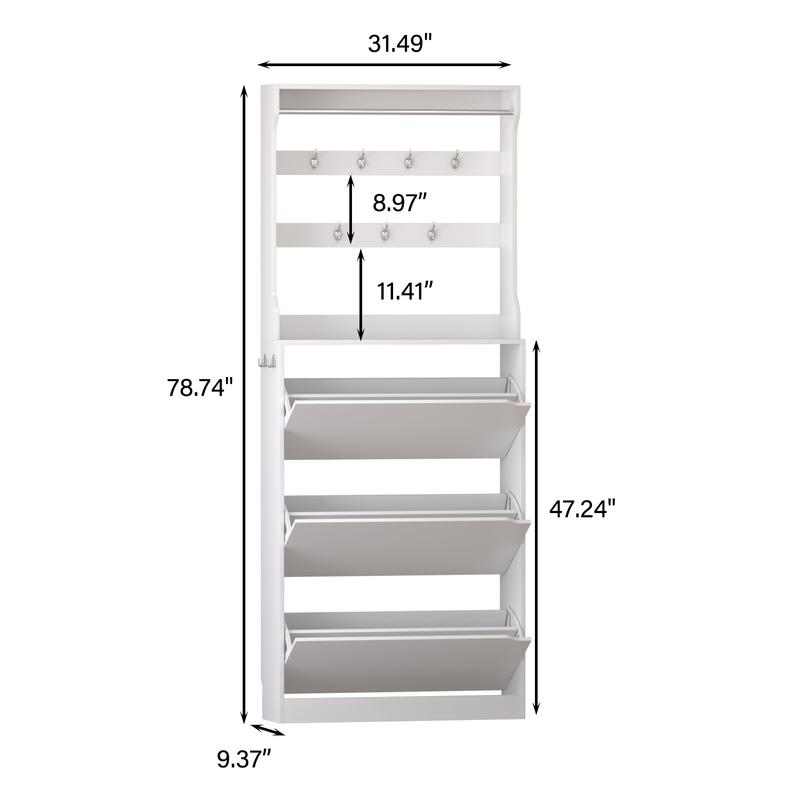 Home Decor Collection，Shoe Cabinet with 3 Flip Drawers & Coat Rack, Narrow Hidden Shoe Storage Cabinet, 2-in-1 Hall Tree Slim Freestanding Shoe Rack Organizer for Entryway, Hallway, and Living Room