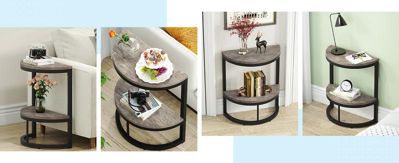 LITTLE TREE 2-Tier End Table Semi Circle, Small Half Round Side Table with Storage Shelf, Wood Accent Table Slim C Table for Sofa Couch, Living Room, Bedroom, Small Space, Easy Assembly