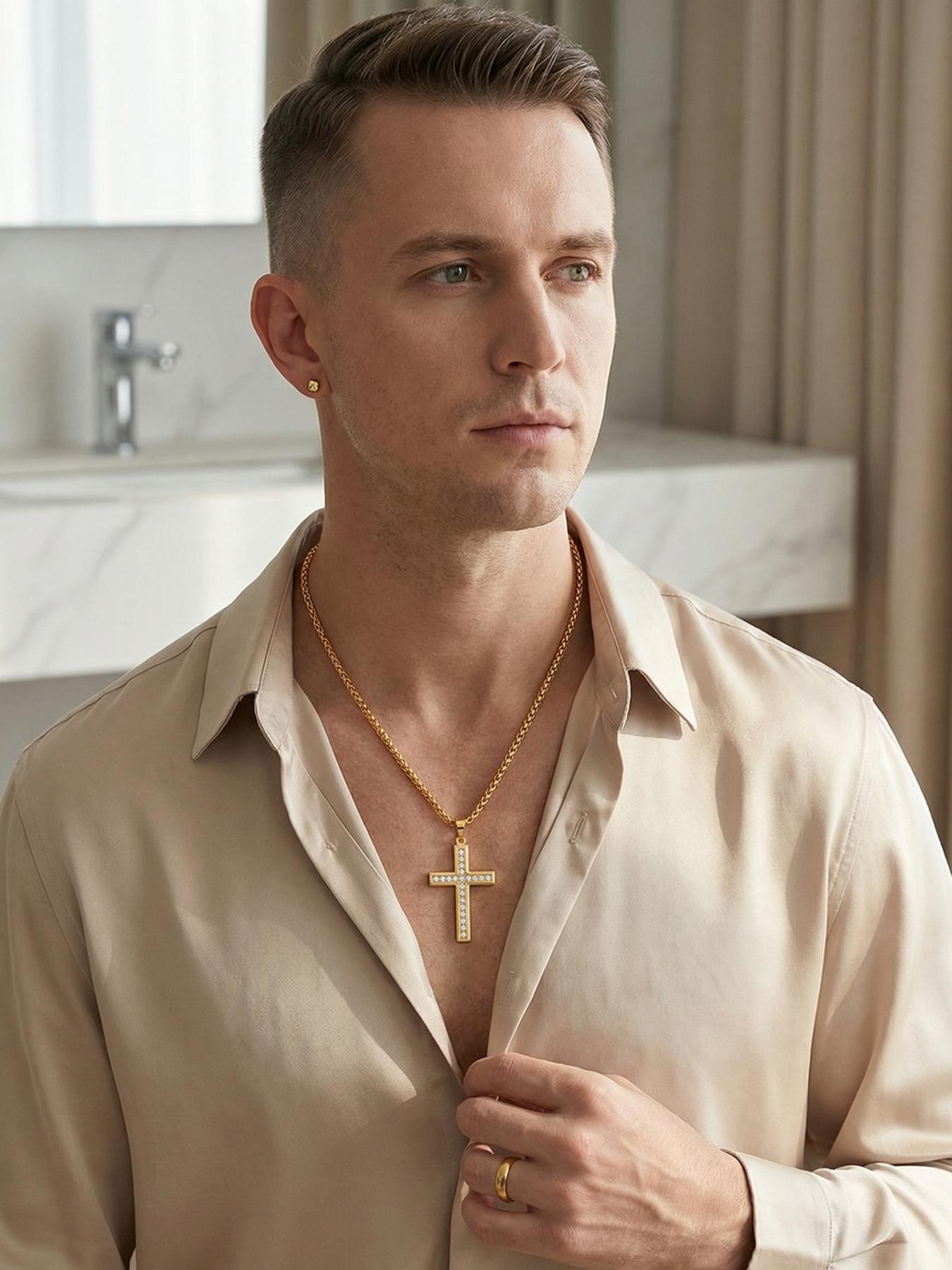 18K Diamond-encrusted Cross Necklace, Simple and Versatile, for Couples # Best Friends # Jewelry / Stainless Steel / Colorfast / Hypoallergenic / Couples / Festivals / Parties / Ideal Gift