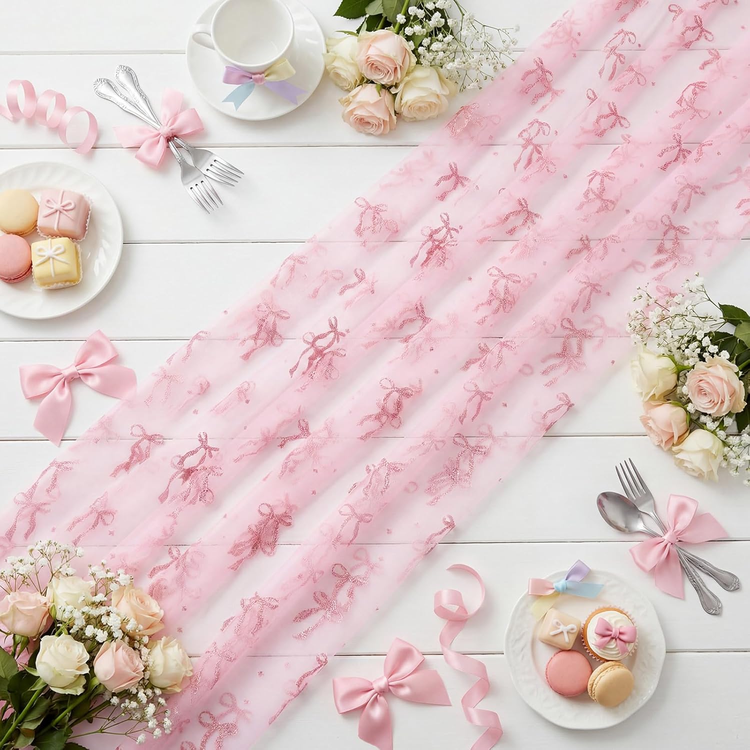 Pink Bow Tulle Table Runner, Pink Sheer Lace Table Decor, Bow Tablecloth for Wedding, Birthday, Baby Shower, Valentine's Day Party Decor, Table Setting