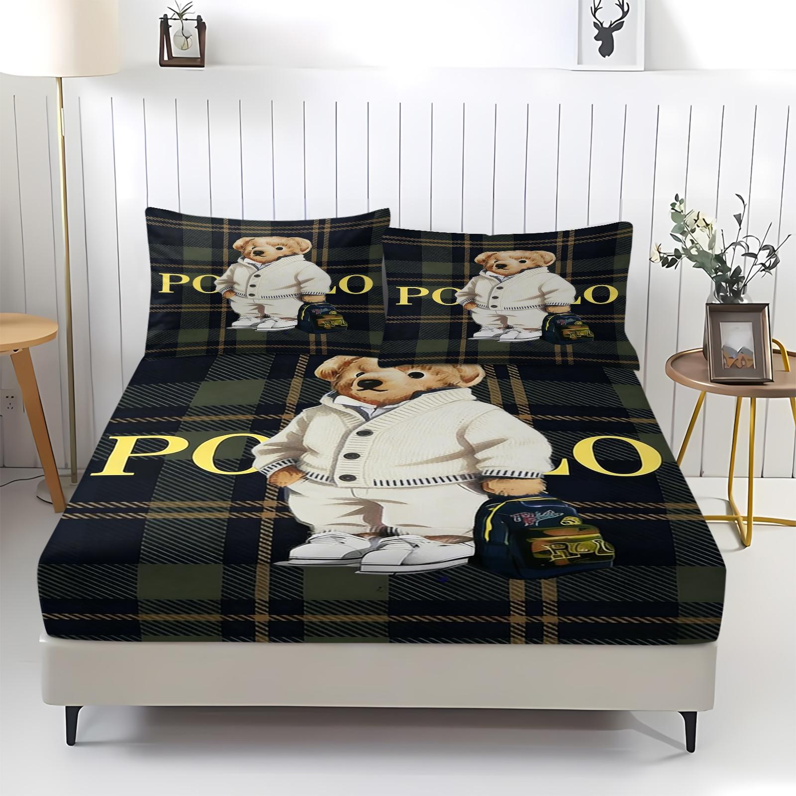 Teddy Bear Pattern Bed Sheet, Comfortable Printed Pattern, Includes 1 Bed Sheet and 2 Pillowcases, Comfortable Bedding, Non slip Dust Cover Suitable for Bedroom and Guest Room, Suitable as a Gift for Children or Adults