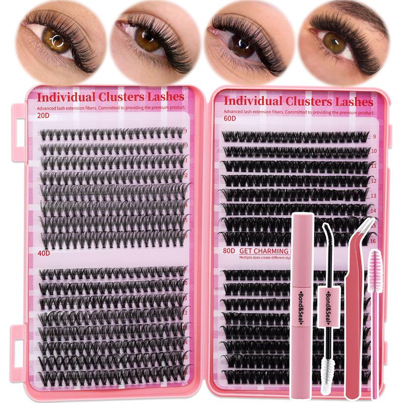 640PCS 20D40D60D80D Cluster Lashes Kit High Capacity Individual Lash Clusters 9-16mm Mixed D Curl Effect Natural Look Wispy Soft And Comfortable False Eyelashes Long-Lasting Individual Lashes Kit With Lash Bond&Seal And Tweezers And Lash Brush