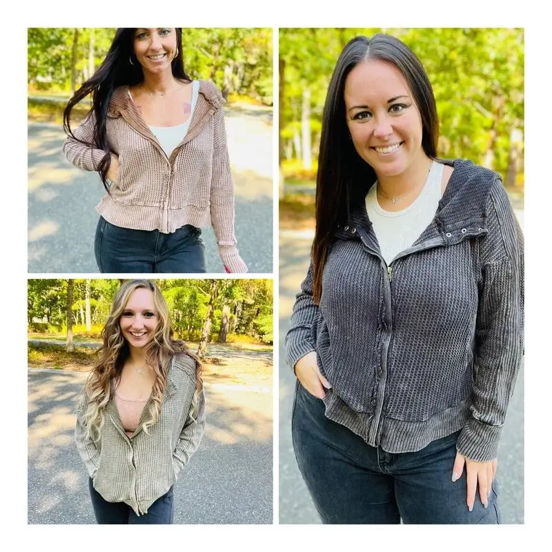 "Time of Your Life" Acid Wash Waffle Knit Zippered Hoodie (Multiple Colors)