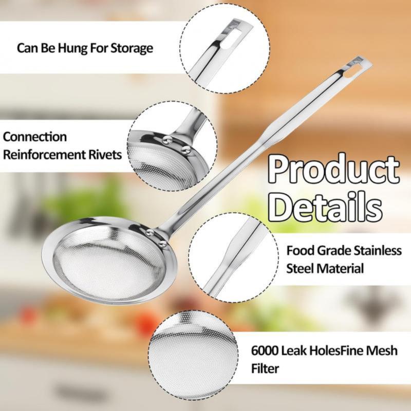 Stainless Steel Fat Skimmer Spoon – Extra-Large & Long Handle Fine Mesh Strainer for Cooking, Frying, Oil, Foam & Grease Removal, Kitchen Tool, Kitchen Utensils Gadgets