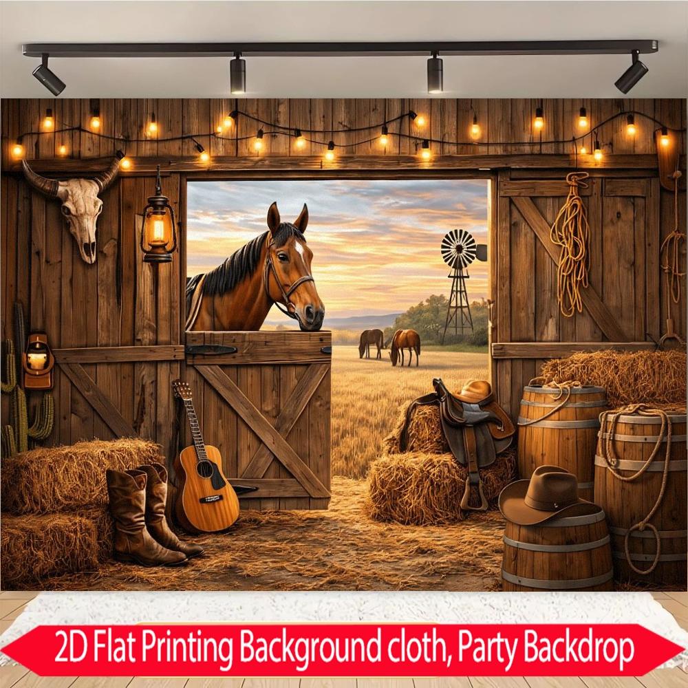 2D 1pc Western cowboy barn wall backdrop fabric, Decor, retro ranch, wooden barn door, sunset grassland, horse, cowboy boots, guitar and string light elements, suitable for western theme parties, multiple sizes available