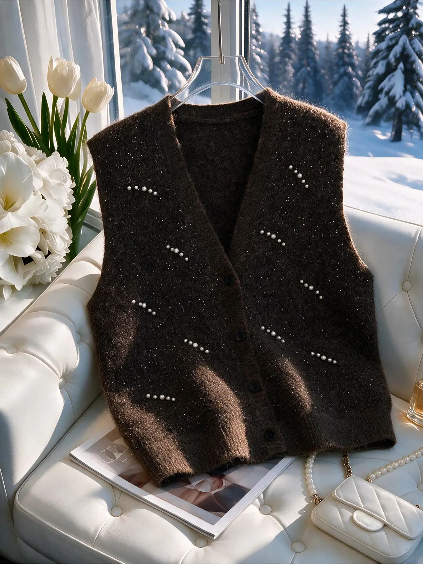 Women Brown Glitter V-Neck Open Front Soft Knit Vest Autumn Winter Pearl String Decor Sleeveless Waistcoat