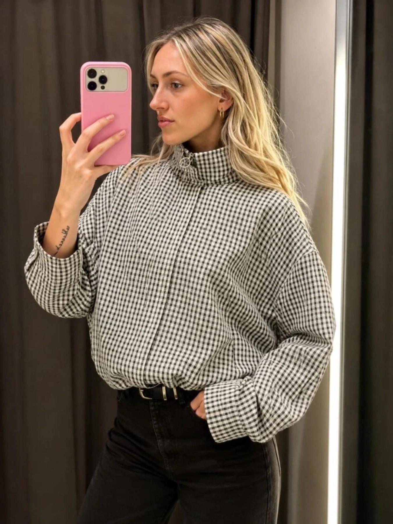 Women's Plaid Cropped Oversized Casual Long Sleeve Bomber Jacket, Streetwear, Loose Lightweight Outerwear for Spring and Autumn