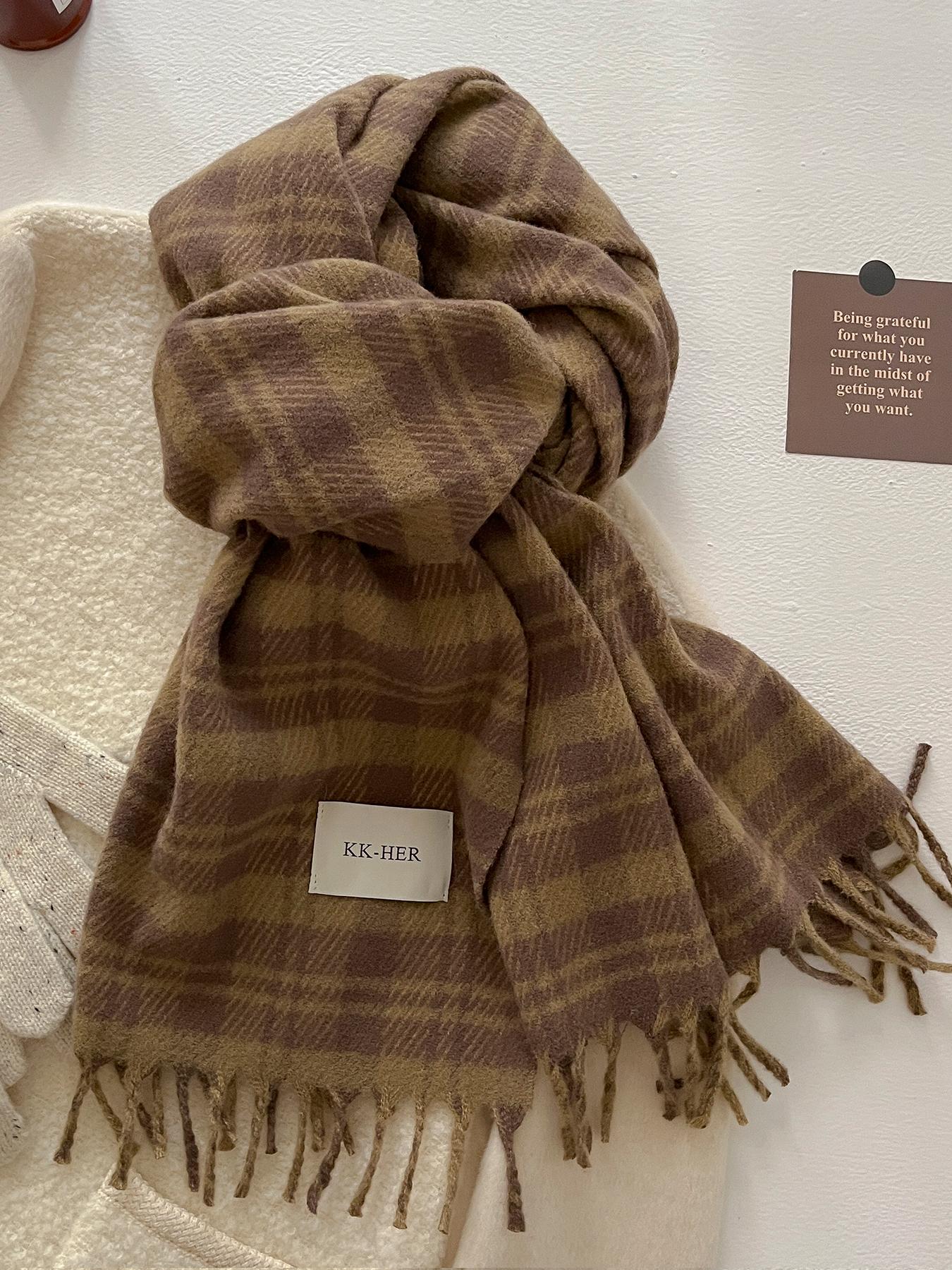 Women's Autumn Winter Casual Fashion Imitation Wool Checkered Scarf, Plaid Woven, Thickened Knit Wrap for Christmas Warmth