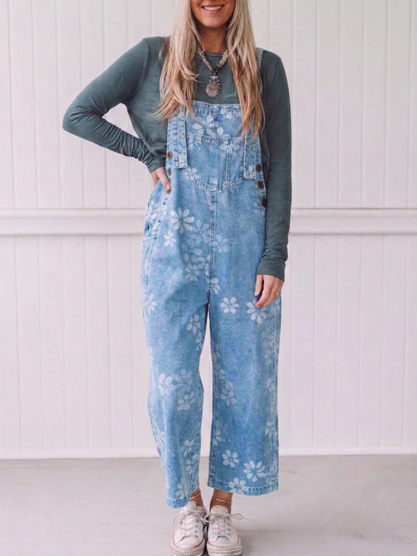 Women's Floral Printed Denim Overalls Loose Casual Bib Dungarees Vintage Wide Leg Jean Jumpsuit Retro Suspender Long Pants with Pockets