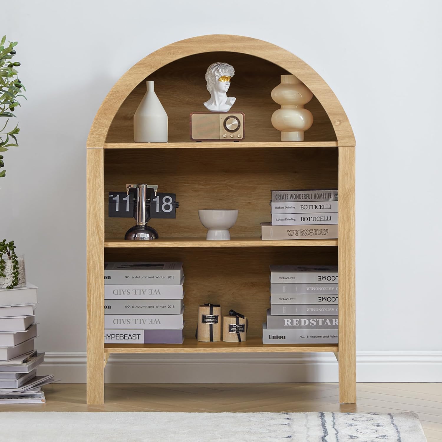 Giratree Freestanding Arched Bookcase, Modern 3-Tier Open Bookshelf, Low Short Bookshelf with Adjustable Shelves, Arched Storage Display Cabinet Organizer for Office, Living Room