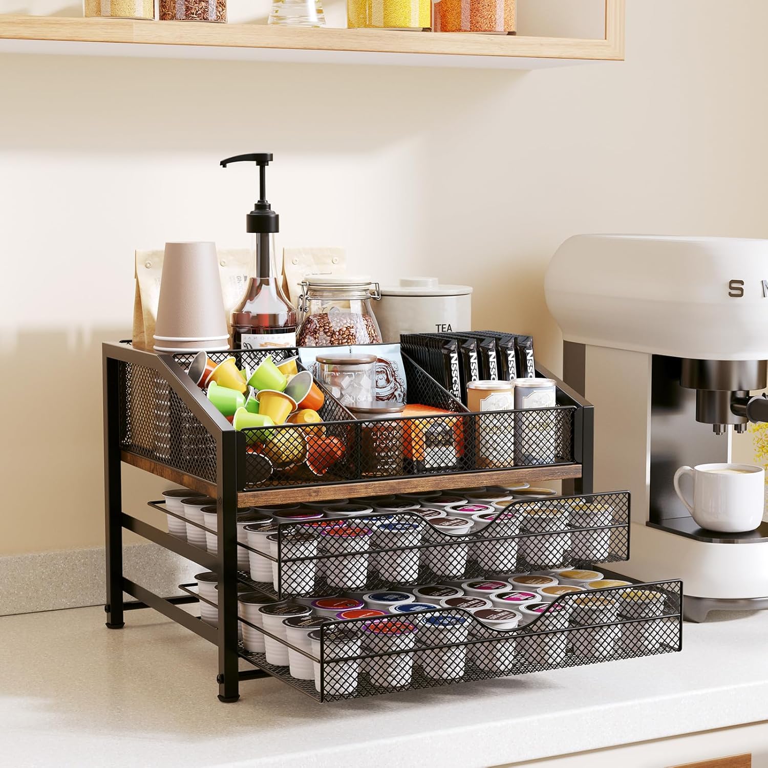 Coffee Bar Organizer - Coffee Station for Countertop, Metal and Wood K Cup holder Storage Basket for Coffee Pods, Syrup, Cups, Stirrer, Coffee Condiment, Tea Organizer, Black and Brown