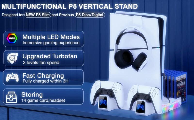 PS5 Slim Stand Cooling Station with PS5 Controller Charger for Playstation 5/Slim Console, PS5 Accessories Vertical Stand Incl.3 Levels Cooling Fan,Light,Headset Holder,14 Game Slot