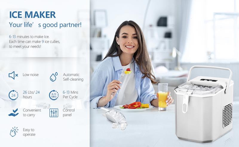 Antarctic Star Countertop Ice Maker, S/L Bullet Ice, 26lbs/Day, 9 Ice Cubes in 6 Mins, Portable Ice Machine with Ice Scoop and Handle, Self-Cleaning, One-Click Operation, for Kitchen Office Home