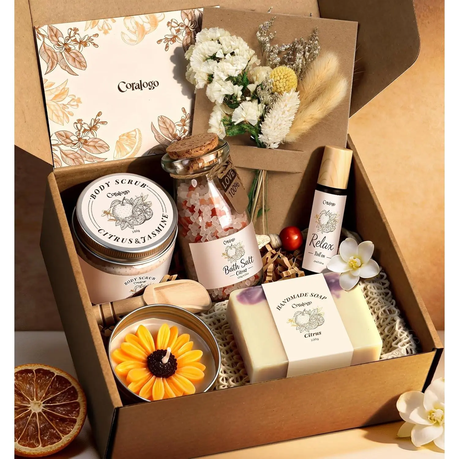 Natural Spa Gift Basket for, Citrus Jasmine| Pampering Package, Ready-to-gift, Refreshing scent, Aromatherapy, for Birthday, Get Well Soon Gift Set, for Any Occasion
