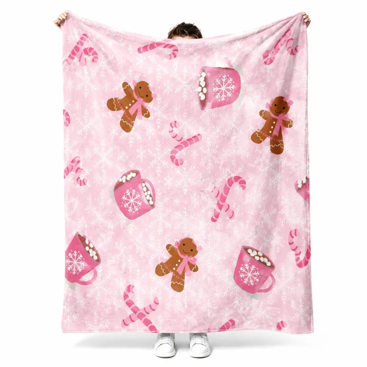 Pink Gingerbread Man Hot Cocoa Christmas Blanket, Cute Candy Cane Snowflake Throw Blanket, Sweet Winter Holiday Decor Blanket, Christmas Gift for Girls Family Home Decor