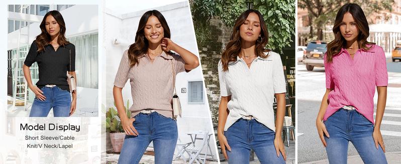 Goranbon Women's Cable Short Sleeve Sweaters Tops Solid Lapel V Neck Knit Casual Soft Pullover Shirt