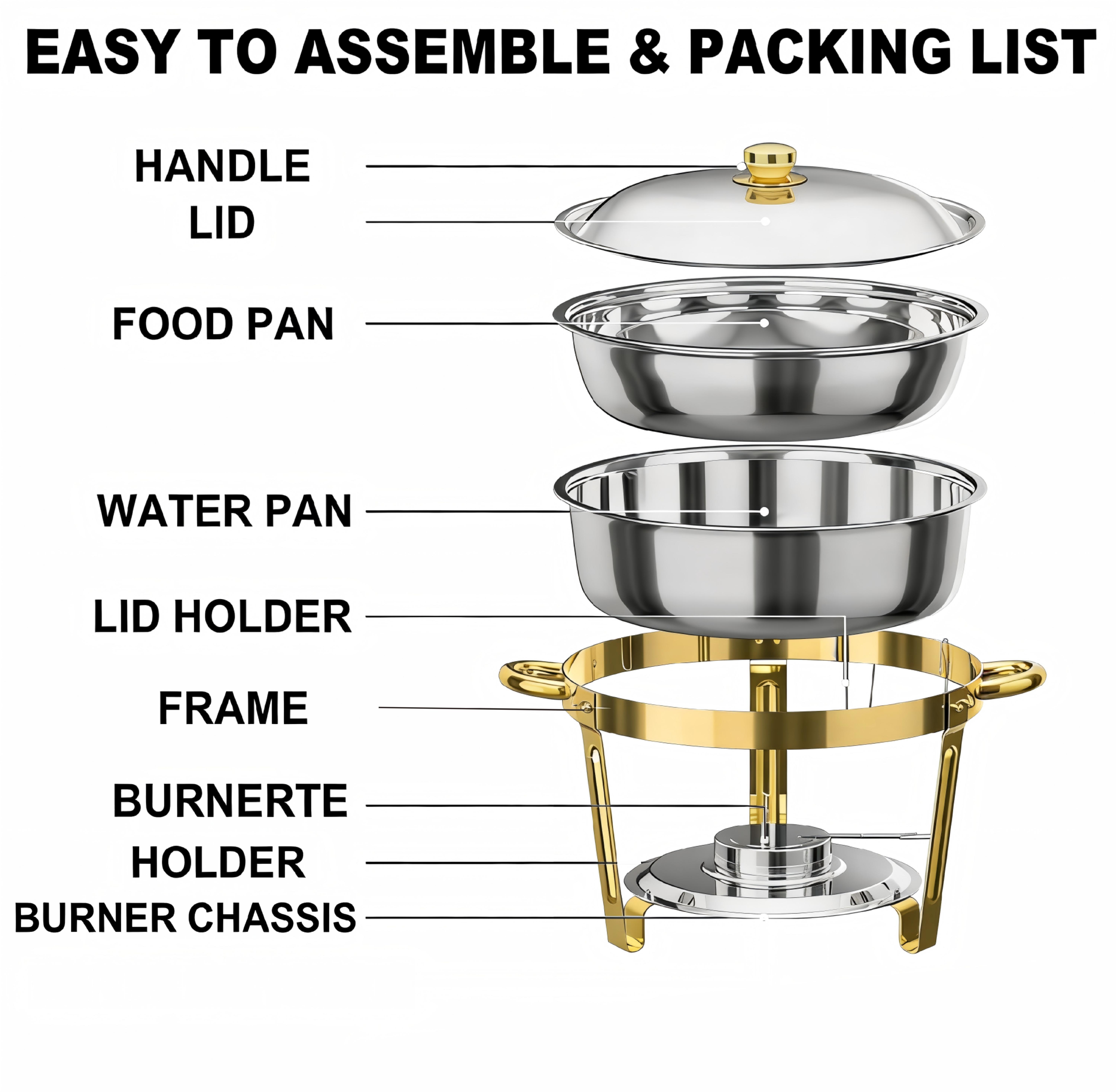 Aobtkel Golden Round Stainless Steel Buffet Catering Pans - 4-Piece Set, Stackable, 5 Qt Capacity, 2-Piece Set Compatible, for Home, Outdoor & Formal Events Kitchenware