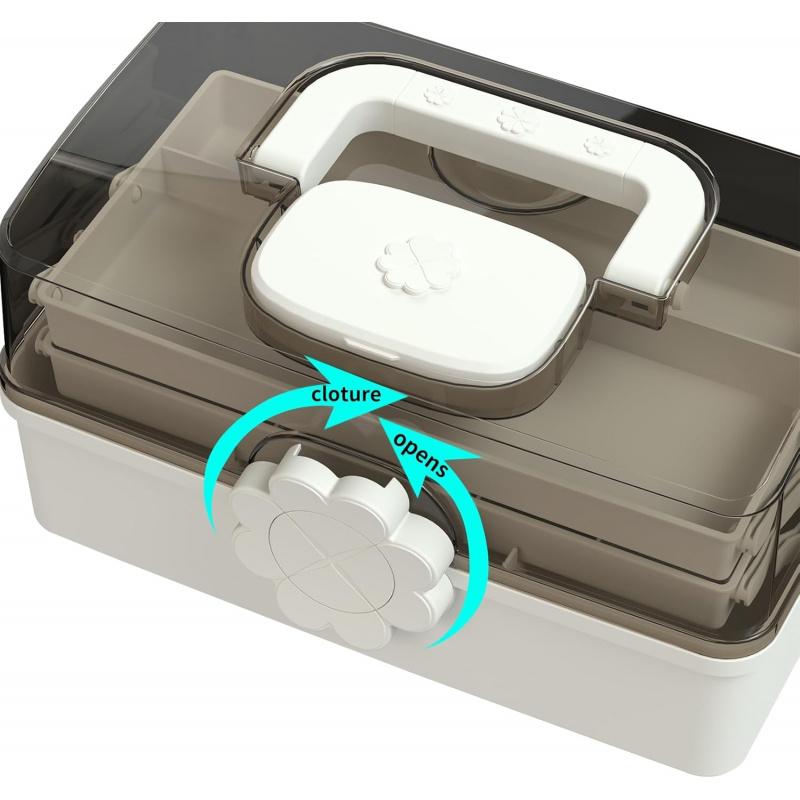 Medicine and stationery storage box, handle-equipped organizer, lockable three-layer multi-functional art supplies storage box and plastic storage container