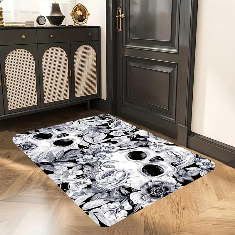 Skull Flower Area Rug Gothic Black White Floral Skull Carpet Floor Mat for Living Room Bedroom Decorative Rug for Home Decor