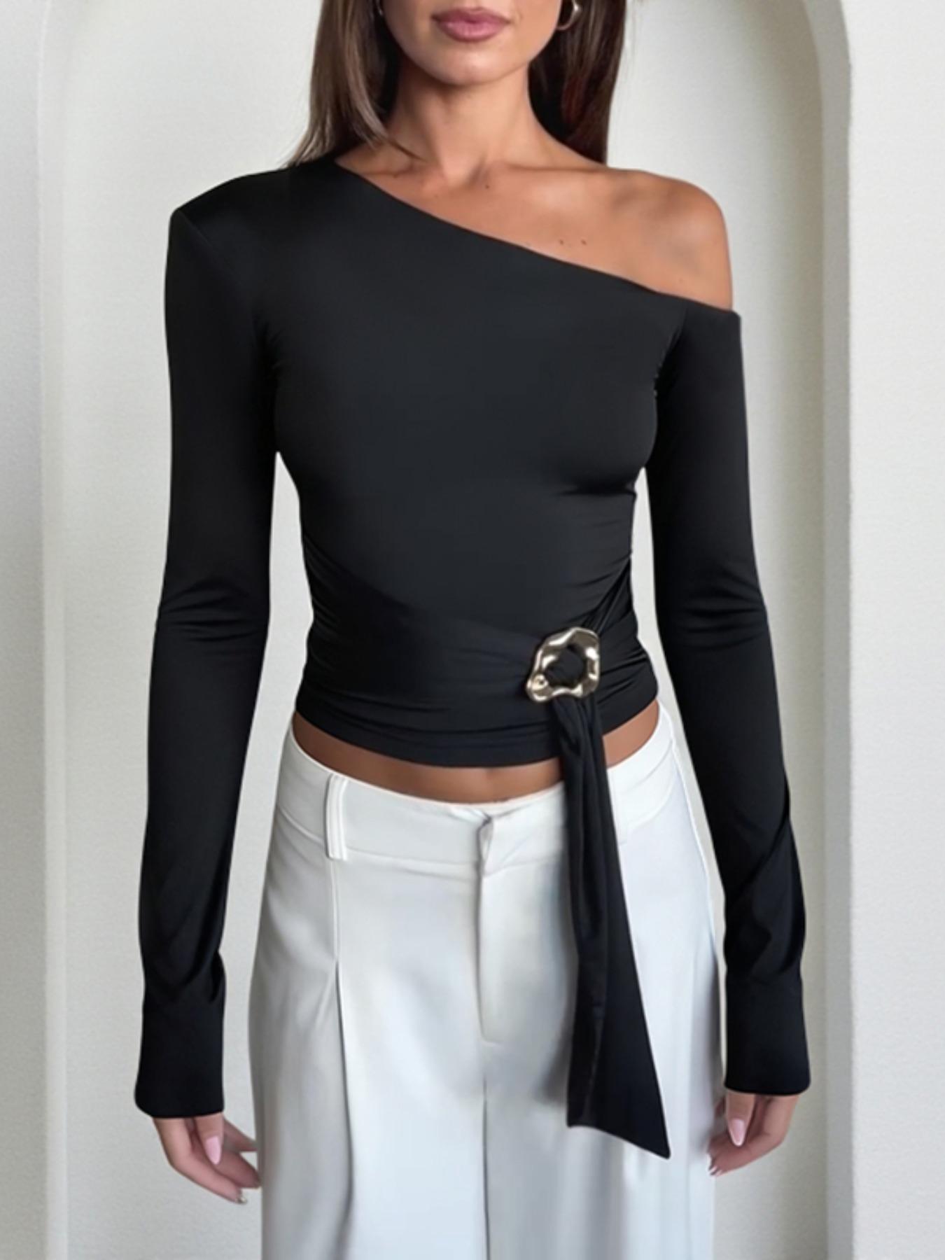 Elegant Women's Long Sleeve Top, Asymmetrical Stylish Plain Design, Perfect for Casual & Formal Wear, Versatile Fashion Essential