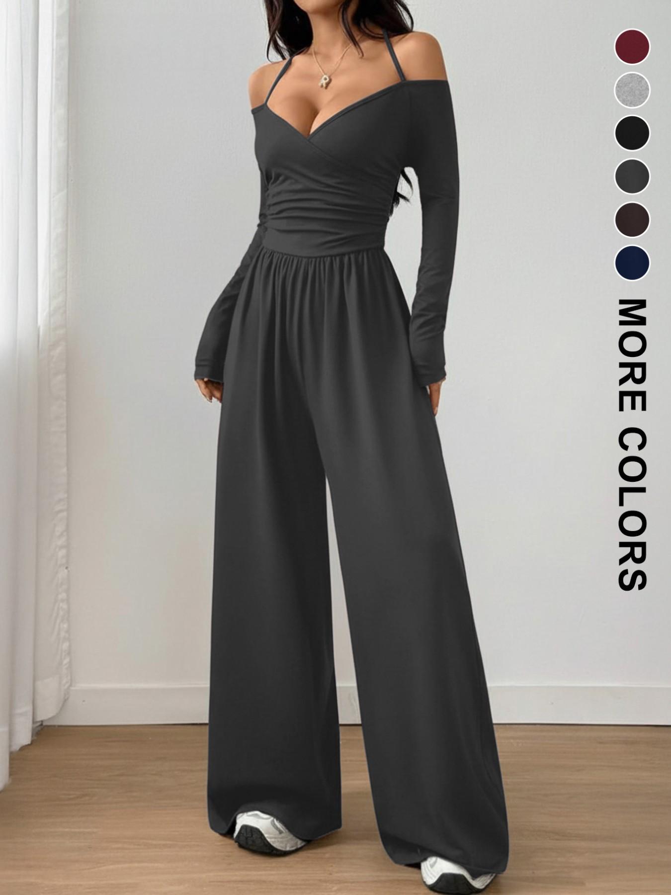 Women's Spring Summer Plain Knit Fashion Design Off-Shoulder Pleated Wide Leg Jumpsuit, Casual Daily Commute Pants, Slim-Fitting