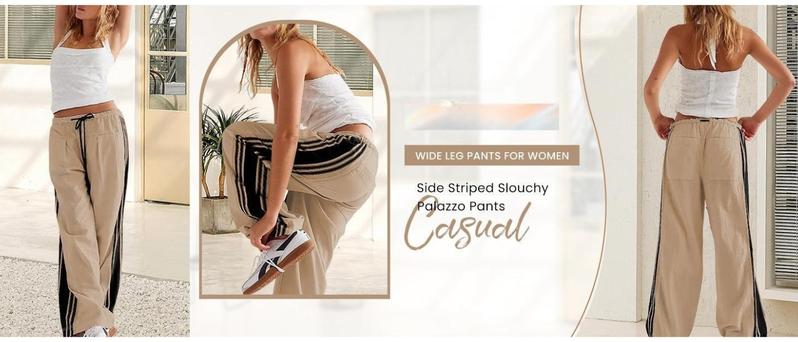 JovenPara Women's Wide Leg Track Pants Drawstring High Rise Side Striped Slouchy Palazzo Pants with Pockets Bottoms Girls