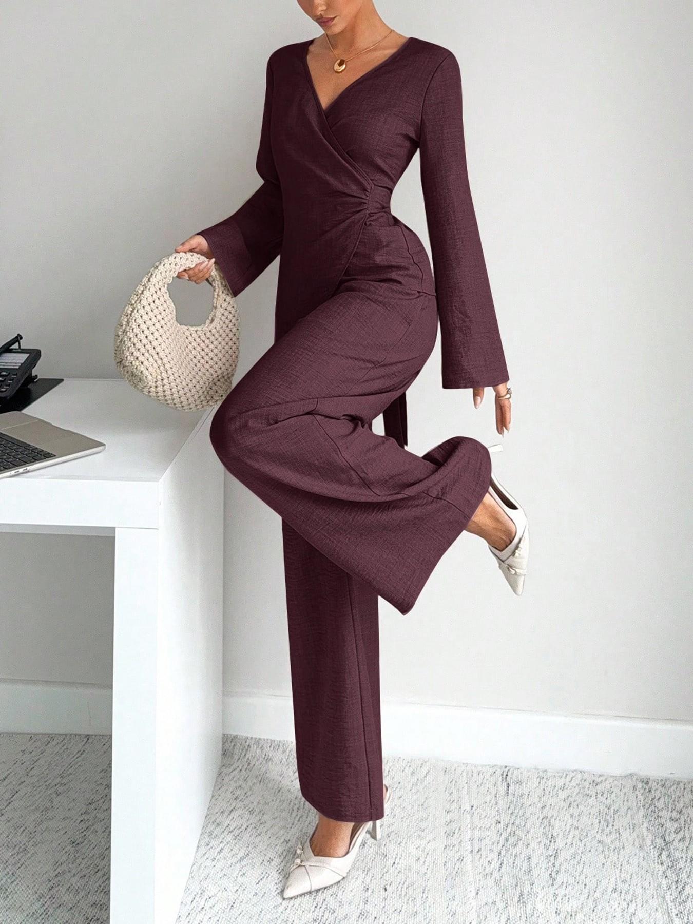Elegant Women's 2-Piece Set Suits, Plain Color Layered Neck Crop Shirt with Bell Sleeve, Long Pants, Fall Winter for Parties