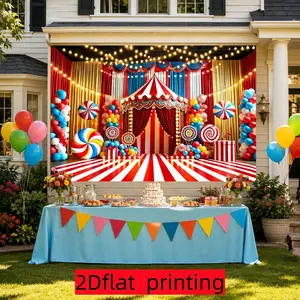2D flat 1pc circus carnival themed background cloth, circus entrance scene, red and white stripes with giant lollipop elements, suitable for circus themed birthday parties, children's carnival activities, multiple sizes available, polyester material