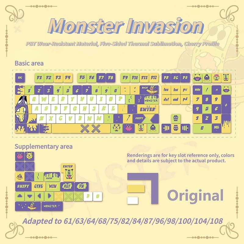 New Monster Invasion Theme 120 Key Pbt Keycaps, Cherry High Profile Design, Full Color Hot Foil, Durable Anti-Grease, Fits 61-108 Keys Mechanical Keyboard