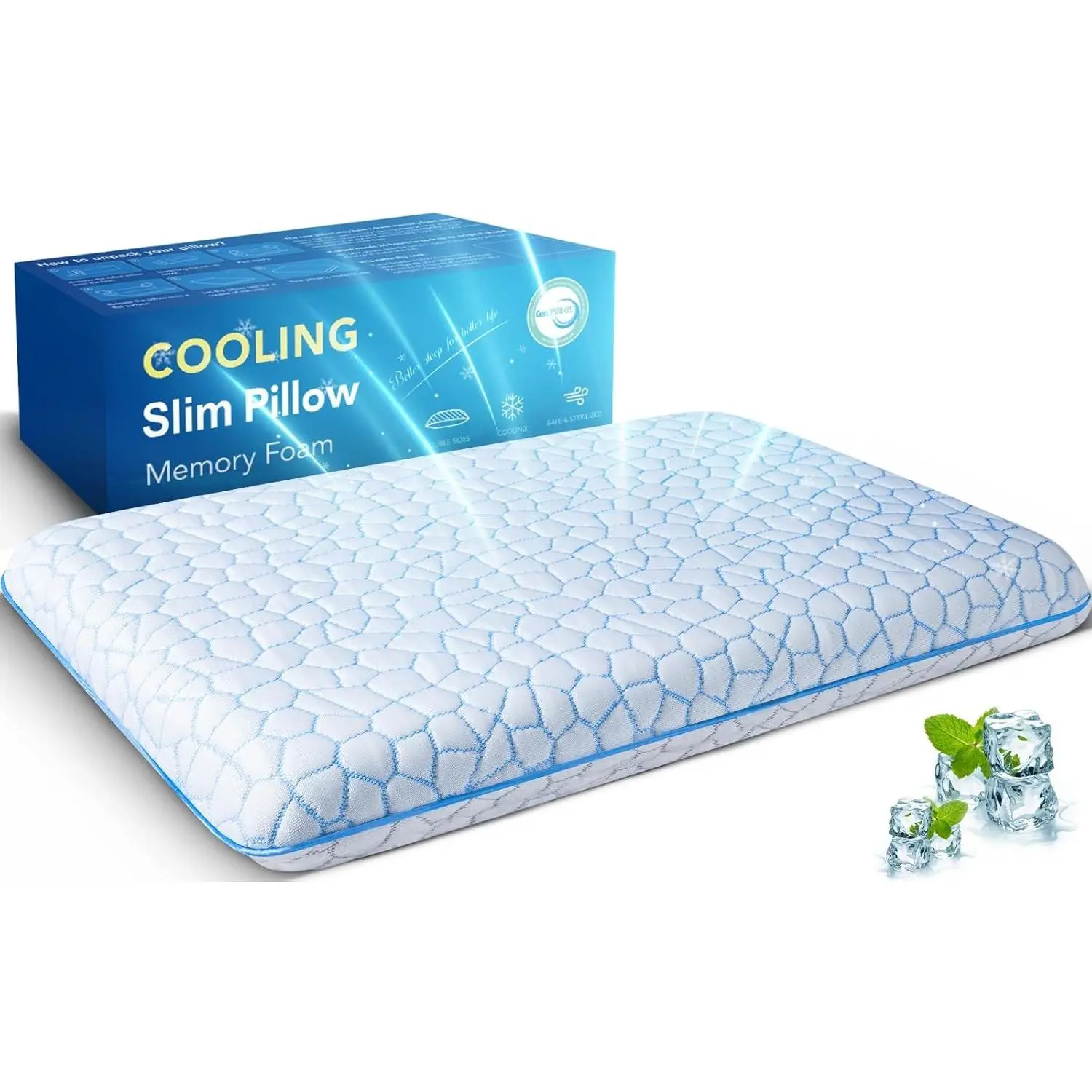 Ultra Thin Flat Cooling Slim Memory Foam Pillow, 2.75 Inch Low Profile Sleeper Pillow for Stomach Sleepers, Neck and Back SupportGift