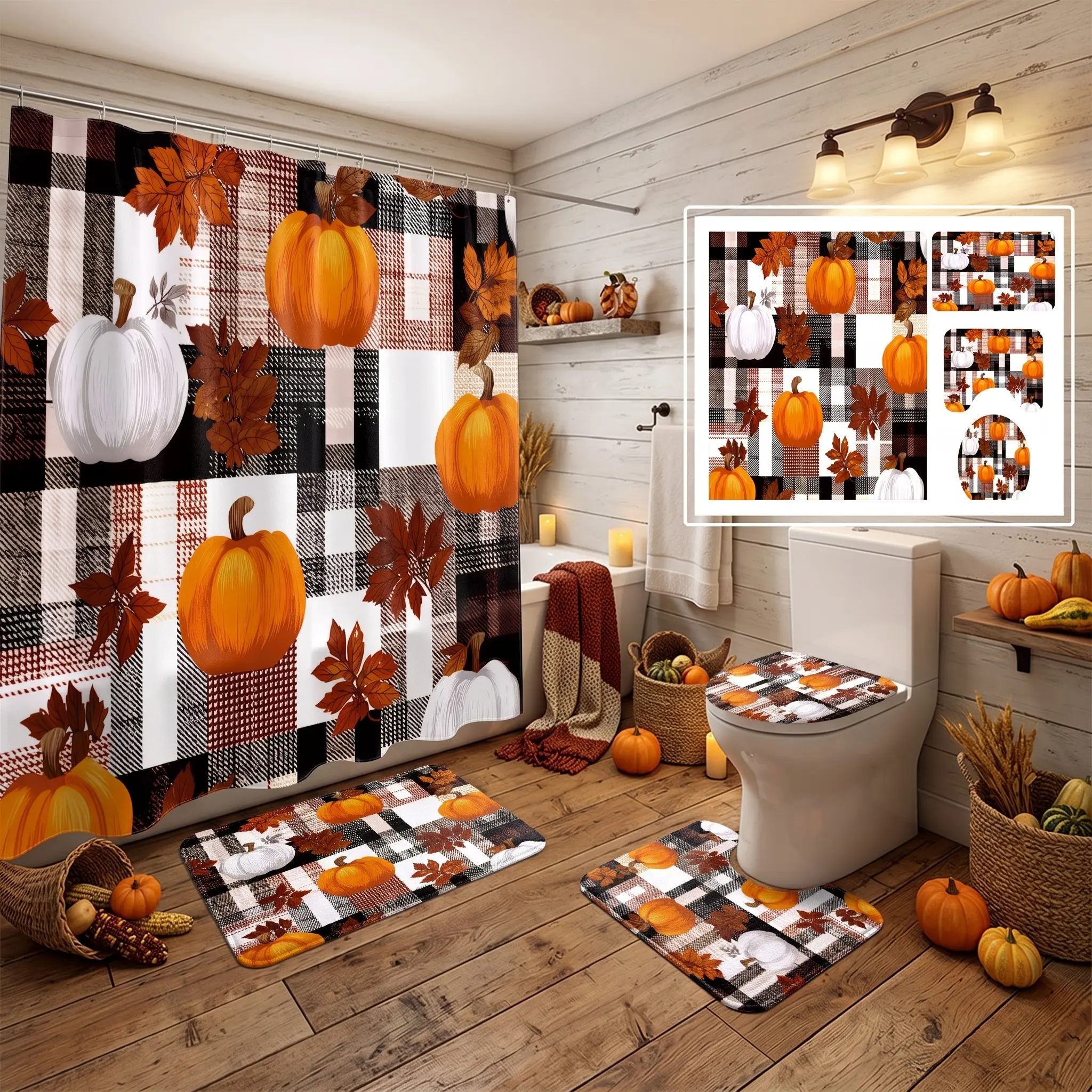 4pcs Thanksgiving Autumn Pumpkin Shower Curtain Set, Farmhouse Plaid Patchwork, Non-Slip Mats, The floor mat fabric is thicker and softer! Bathroom Decor, Pumpkins