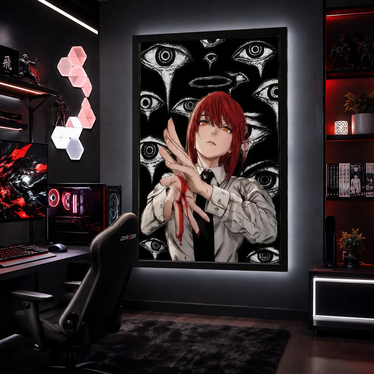 Makima Chainsaw Man Anime Canvas Poster, Control Devil Japanese Manga Wall Art Print, Dark Horror Aesthetic Character Artwork Decor for Bedroom Dorm Gaming Room Office, Red Hair Anime Collectible Poster, Otaku Room Decoration, Gift for Fans