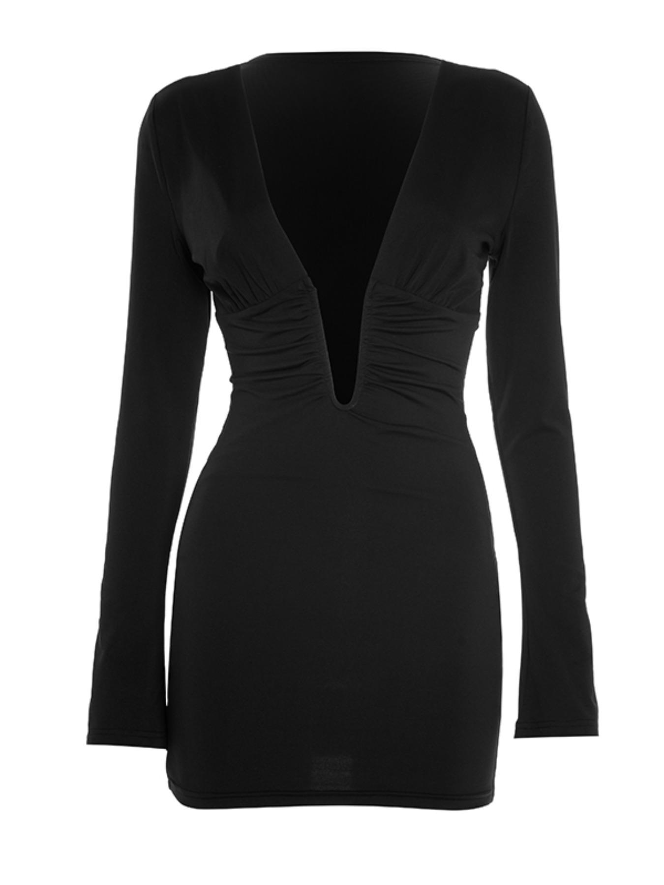 Elegant Women's Long Sleeve Deep V Neck Bodycon Dress, Comfortable Trendy Fashion, Perfect for Parties & Daily Wear