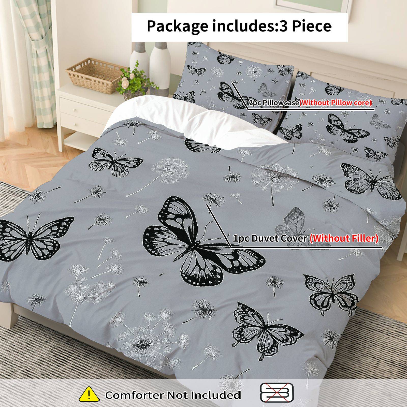 3PCS Duvet Cover Set, 1 Duvet+2 Pillowcases(Without filler), Butterfly Dandelion Nature Grey theme, Seasonal bedding set, Butterfly Print Suitable for decoration Bedroom Living Room Guest Room Hotel.