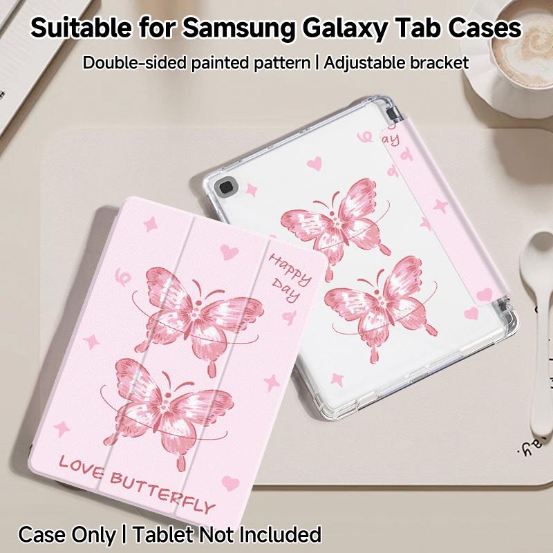 Pink Base Butterfly Tri-Fold iPad Case, double-sided print, built-in pencil slot, adjustable kickstand, auto sleep/wake function, Compatible with iPad 10th/11th Gen, iPad A16, iPad Air 11"/13", iPad Pro 11", iPad 2025 and Galaxy Tab S9 FE+ 12.4''series